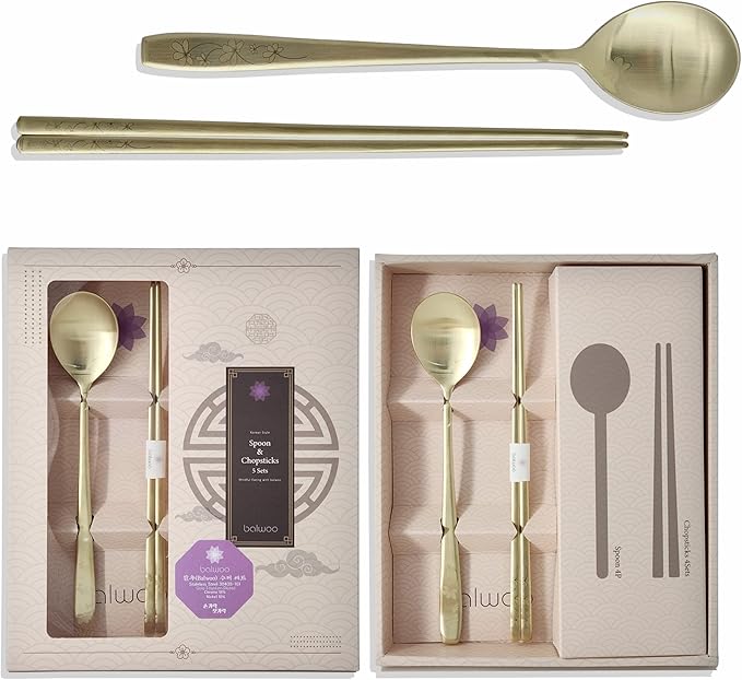 [5 Sets] [Made in Korea] Korean Sticky Rice Spoon Chopsticks Set Gold Titanium Plating 304 Stainless Steel Tableware Cutlery Set Mukbang Chopsticks (Cosmos TITANIUM, 5 Sets)