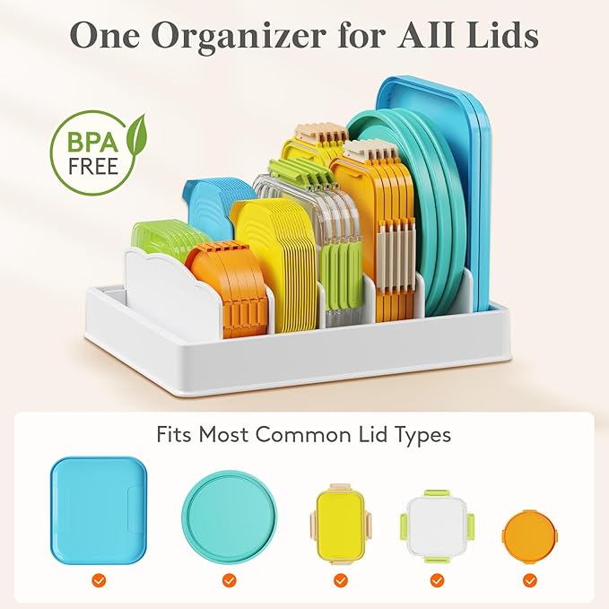 Lifewit Kitchen Cabinet Organizer for Food Contanier Lid with 7 Sections | Lid Holder with 6 Adjustable Dividers for Pantry Organizers and Storage, Home Drawer Organization, White, Large, 13" x 10"
