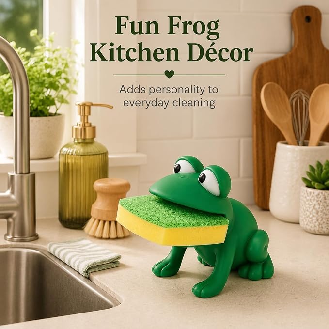 Dependable Industries inc. Essentials Frog Sponge Holder with Dual-Sided Sponge, Green Animal Shape Kitchen Sink Sponge Caddy, Cute Plastic Dish Sponge Organizer, Novelty Countertop Decor Gift