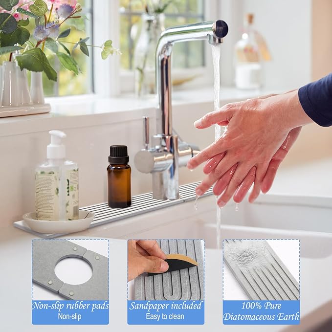 Stone Faucet Mat for Kitchen Sink,Super Water Absorbing, Gray, 23.6"x3.9" | Diatomite, Fast-Drying, Eco-Friendly, Faucet Splash Guard for Bathroom or Kitchen Counter
