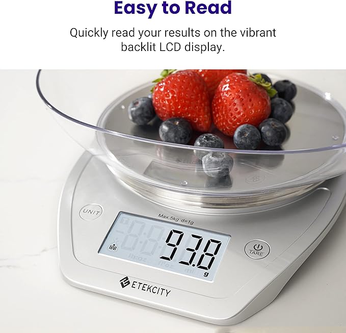 Etekcity 0.1g Food Kitchen Scale, Bowl, Digital Grams and Ounces for Weight Loss, Dieting, Baking, Cooking, and Meal Prep, 11lb/5kg, Stainless Steel Silver | 11lb/5kg capacity with tare, removable bowl, ideal for baking, coffee, meal prep and portion c...