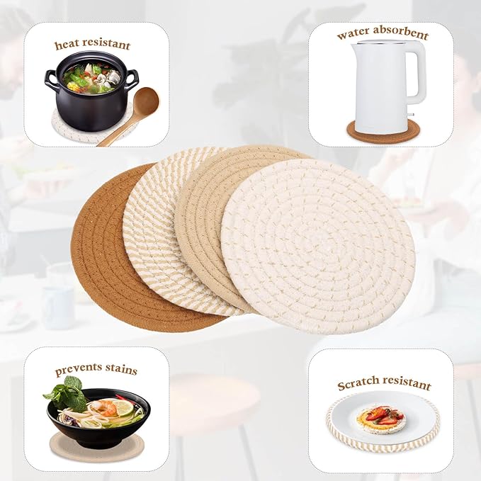 Billbotk 7" Trivets for Hot Dishes, Hot pots and Pans, 4 Heat Resistant Hot Pads, Pot Holders for Kitchen, Home Essentials for New Home and Farmhouse Decor, Fall Decorations for Home(Brown)