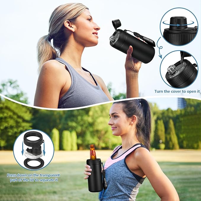 4 In 1 Beer Can Cooler Bottle Holder with Drinking Spout Lid for 12oz Regular, Slim Skinny Cans and Thermal Bottles,Sealed Insulated Double Wall Vacuum Stainless Steel Can Keeps Your Drinks Cold