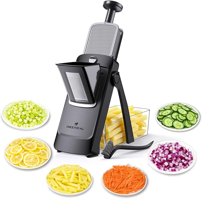 ONCE FOR ALL Safe Mandoline Slicer Pro, Veggie Slicer with Container, Black | 4th Gen, 0.1-8mm Adjustable Kitchen Mandoline Slicer, Veggie Chopper Cutter For Potato Onion Fruit, Stainless Steel, Gift