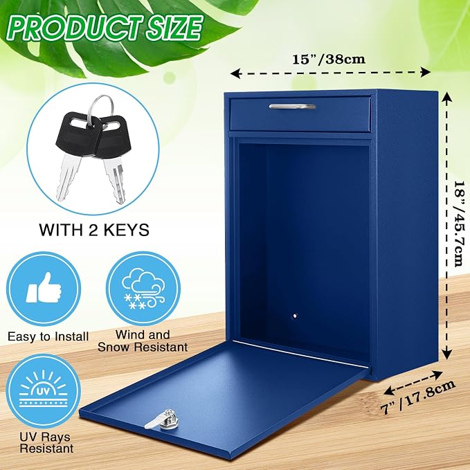 Yaocom Locking Mailbox with Key for Outdoor 18 x 15 x 7 Inches Large Wall Mount Mail Box with Lock Security Mail Drop Metal Collection Boxes Hanging Secure Postbox(Dark Blue)
