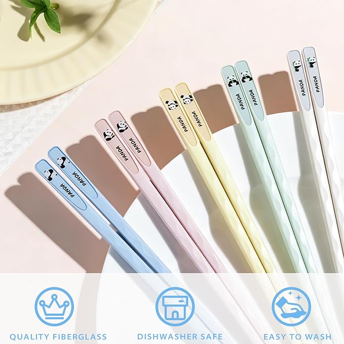 Cute Panda Fiberglass Chopsticks – Dishwasher Safe & Heat-Resistant, Non-Slip Matte Finish, 9.57” (24.3cm) Lightweight Reusable Chop Sticks, 5 Pairs