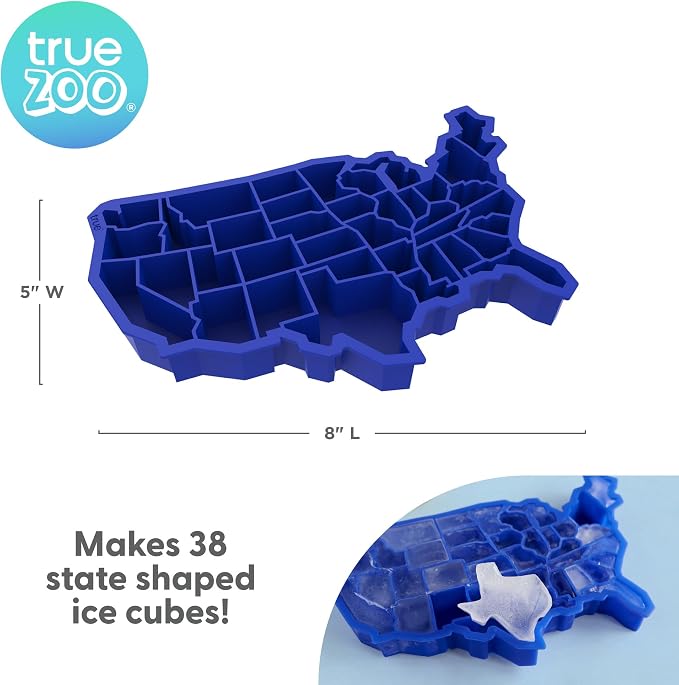 TrueZoo Silicone Ice Cube Tray, Blue Ice Cube Mold for Whiskey, Iced Coffee, Cold Brew, Juice, Home Bar Gifts, Makes 38 Cubes, Molds for Chocolate, Candy, Baby Food, Crayon, Soap, USA States Design