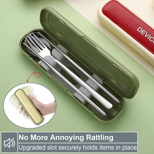 DEVICO Utensils for Lunch Box, Portabl Korean Chopsticks Fork and Spoon Set | 4Pcs 18/8 Stainless Steel Travel Silverware Set with Case, for Camping/School, for Kids/Adults, Dishwasher Safe, Green-Yellow