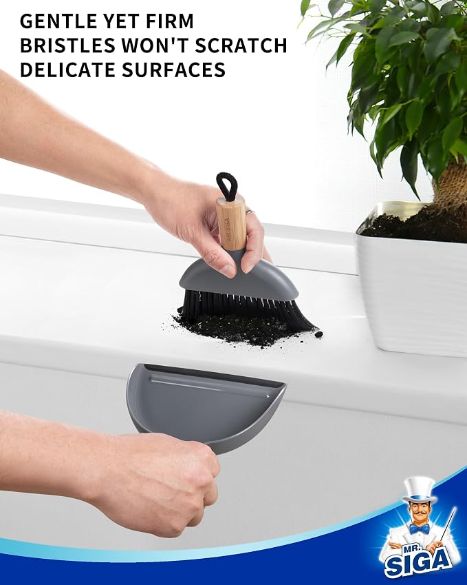 MR.SIGA Mini Dustpan and Brush Set, Bamboo Handle, Gray, 1 Set | Portable cleaning brush and dustpan combo, handheld brush and dustpan combo with hanging loop