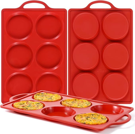 CAKETIME Muffin Top Pan Non Stick, 4 Inch Metal Frame Round Silicone Egg Baking Pan for Oven English Muffins, Whoopie Pies, Corn Bread, Egg Bites, Breakfast Sandwiches Tarts 3 Pack Red