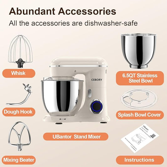 3-IN-1 Electric Stand Mixer, 6.5QT Bowl 660W 10-Speed Kitchen Mixer, Household Food Mixers include Dough Hook, Beater and Whisk, Bread Cake Mixer for Baking and Most Home Cooks, Almond Cream