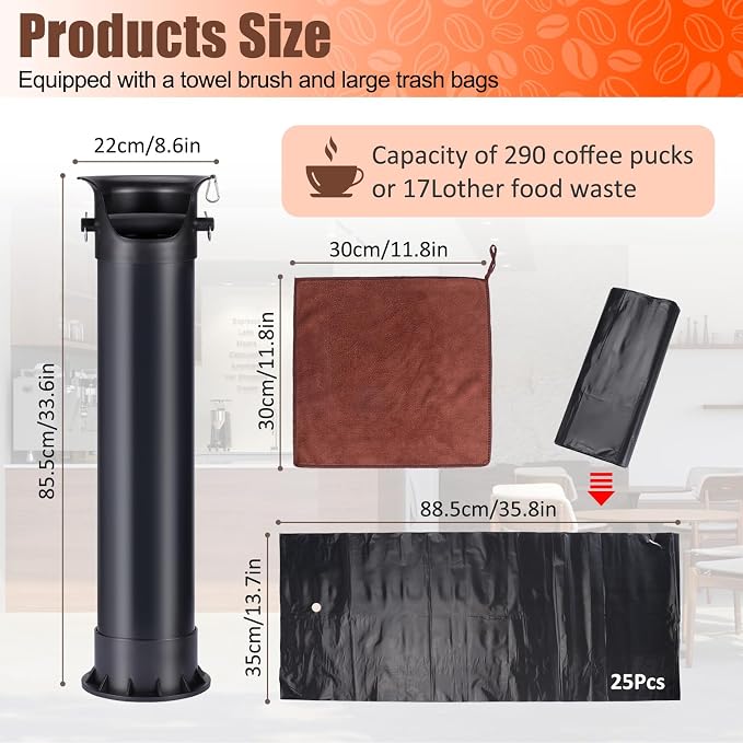 HOMEE 18L Floor Standing Espresso Coffee Knock Box with 25 Garbage Bags | Large Capacity & Detachable, Non-Slip Base, Easy to Clean, Barista Knock Box with Brush & Towel for Home and Commercial Use