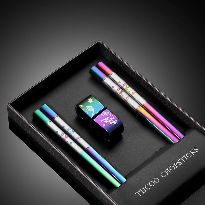 Metal Chopsticks Reusable 2 Pairs Titanium Plated 18/8 Stainless Steel Chopsticks with Holder, Dishwasher Safe Non-Slip Japanese Style Laser Engraved Chop Sticks Gift Set (Rainbow)