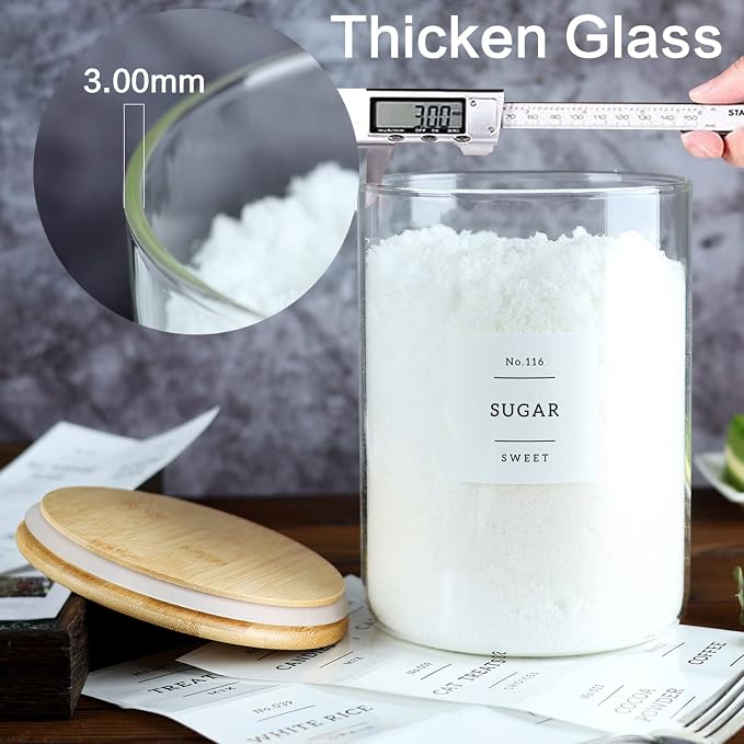 CZSZYGHBAO Large Glass Flour and Sugar Containers Jars with Bamboo Airtight Lid - 100 Fl Oz (3000ml) with Kitchen 42 Pantry Labels for Dry Food, Flour, Pasta, Cereal