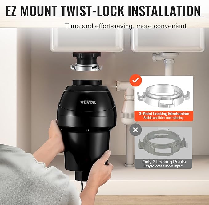 VEVOR Garbage Disposal, 1HP 3270RPM DC Motor, Continuous Feed Food Waste Sink Disposer, EZ Connect Food Waste Grinding System with Sound Reduction, Power Cord and Splash Guard, for Kitchen