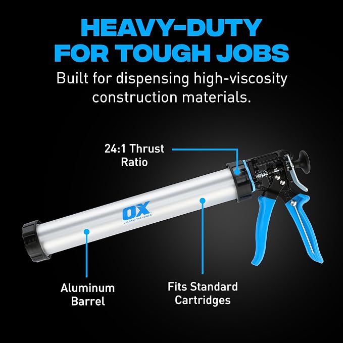 OX Professional Sausage Caulk Gun - 24:1 Thrust Heavy Duty Caulking Gun | 20 oz sausage caulking gun with 24:1 thrust ratio for high-viscosity materials - aluminum barrel - pistola de calafateo