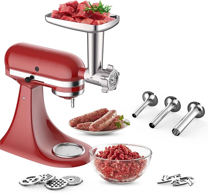 GVODE Metal Meat Grinder Attachment for KitchenAid Stand Mixer,Food Grinder | Meat Grinder for Kitchen Aid Includes 4 Grinding Plates, 3 Sausage Stuffer Tubes, 2 Grinding Blades