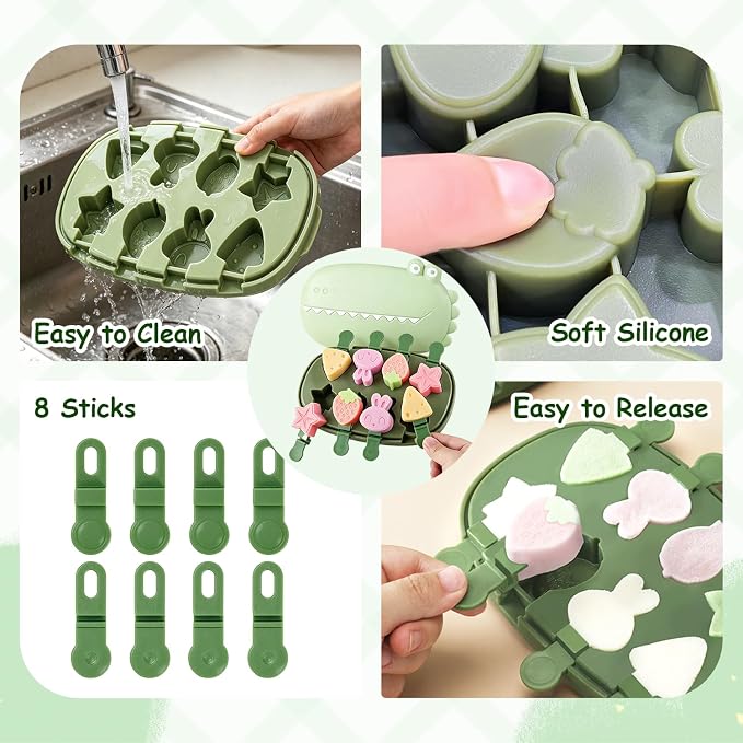 Popsicle Mold, Silicone Dinosaur Animal Mini Popsicle Molds Set with 8 Sticks – Reusable Small Ice Pop Maker for Homemade Frozen Treats, Easy to Clean & Dishwasher Safe
