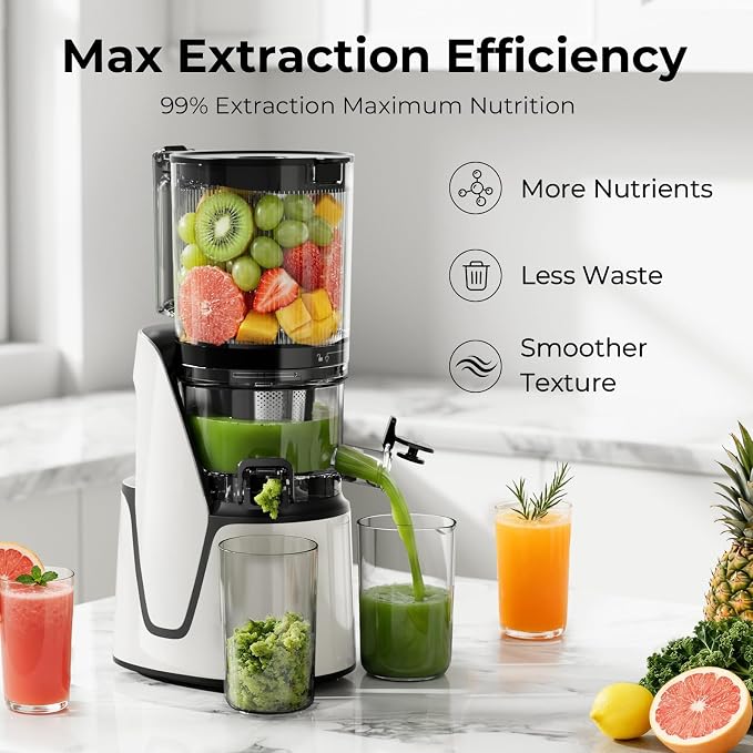 EanOruus Juicer Machines, 3-in-1 Cold Press Juicer, Bright White | Makes Juice, Nut Milk & Sorbet, 6.5" Extra Large Chute, 100oz Large Capacity, AC Motor