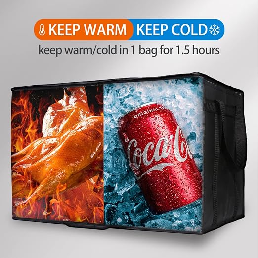 Bodaon Insulated Food Delivery Bag, XXXL Reusable Warming Bag, Black, 1Pk | Pizza Delivery Bags for Hot and Cold Food, Commercial, Large Capacity, Catering Cooler Bag for Rideshare, Warmers for Parties