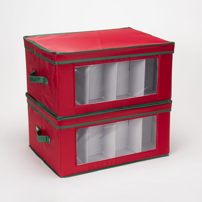 Household Essentials Holiday Wine Glass Storage Box in Strong Frame, Handles, Windowed Panel and 12 Compartments, Red with Green Trim