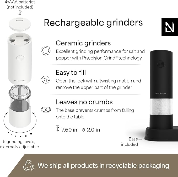 LARS NYSØM Electric Salt and Pepper Grinder Set I Automatic Salt and Pepper Mills with Adjustable Ceramic Grinder I AAA-Battery Operated Electric Spice Mill Set (Black/White)