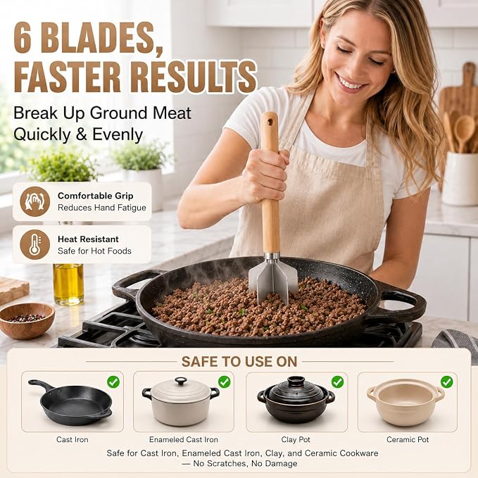 304 Stainless Steel Meat Chopper, 6-Blade Heavy Duty Ground Beef Meat Masher, 11 Inch Food Grade Hamburger Smasher Metal Kitchen Tool for Vegetable Puree Cooking