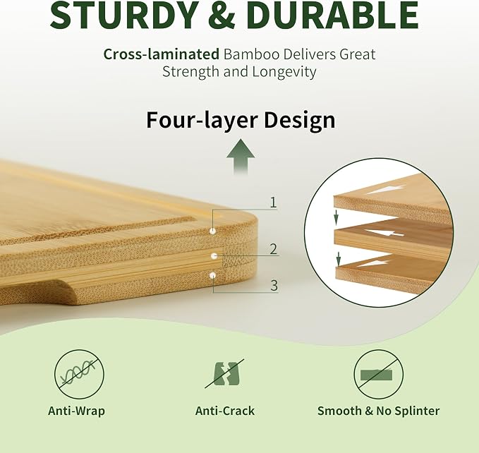 BAMBANG Bamboo Cutting Board Set, 3-Piece Wooden Chopping Boards for Kitchen, Non-Toxic Butcher Block with Juice Groove, Large Medium Small Cutting Boards for Meat, Vegetables & Cheese