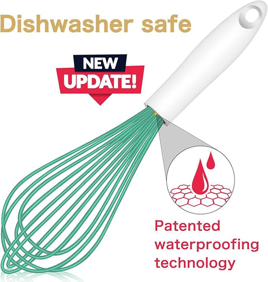 Teal Silicone Whisk, Sealed Waterproof Design Set of 3, Professional Kitchen Whisks for Cooking Non-Scratch, Silicone&Stainless Steel Whisk, Heat Resistant 480°F Rubber wisk, BPA free