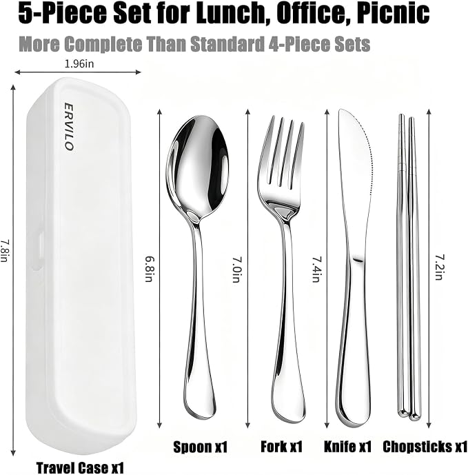 Travel Utensils with Case, Stainless Steel Portable Cutlery Set, Lunch Box Silverware for Work Camping Picnic, Reinforced Case with Snap-Lock Closure, Include Fork Spoon Knife Chopsticks, Silver