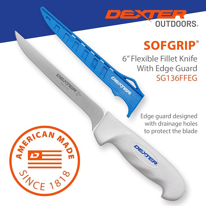 Dexter Outdoors SOFGRIP 6" Fillet Knife with Edge Guard, Stainless | High-carbon American stainless blade sized for panfish. Corrosion resistant with soft non-slip grip, edge guard included.