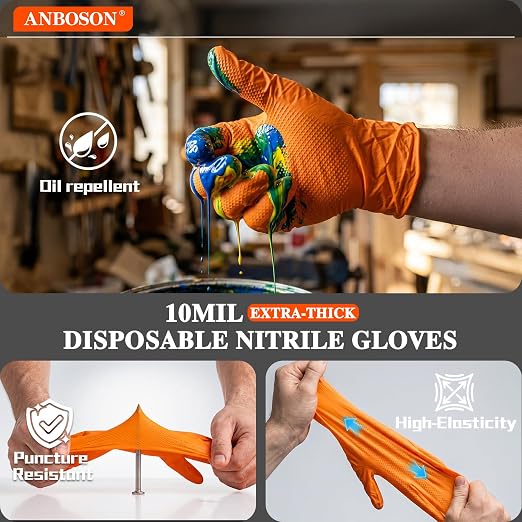 ANBOSON 10 Mil Heavy Duty Mechanic Nitrile Gloves, Large Orange 100 Count | Diamond Grip,Latex Free,Chemical Resistant Disposable Thick Rubber Gloves for Auto Repair, Industrial, Food, Work ,BBQ,Men
