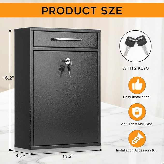 xydled Metal Mailbox Wall Mount, Large Locking Mailbox with Key Lock, Hanging Secure Postbox, Security Key Drop Box, Collection Boxes, Black, 17.6H x 12.2L x 5.7W Inches, XL Large