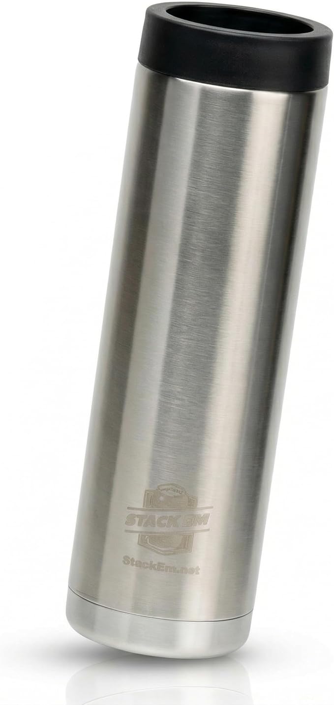 Stack'Em Patented Double Can Cooler Insulator - Holds Two 12 oz Cans - Stainless Steel Stackable Thermocooler - Reusable Drink Holder for Beer, Seltzer, Soda, Energy Drinks (Stainless Steel)