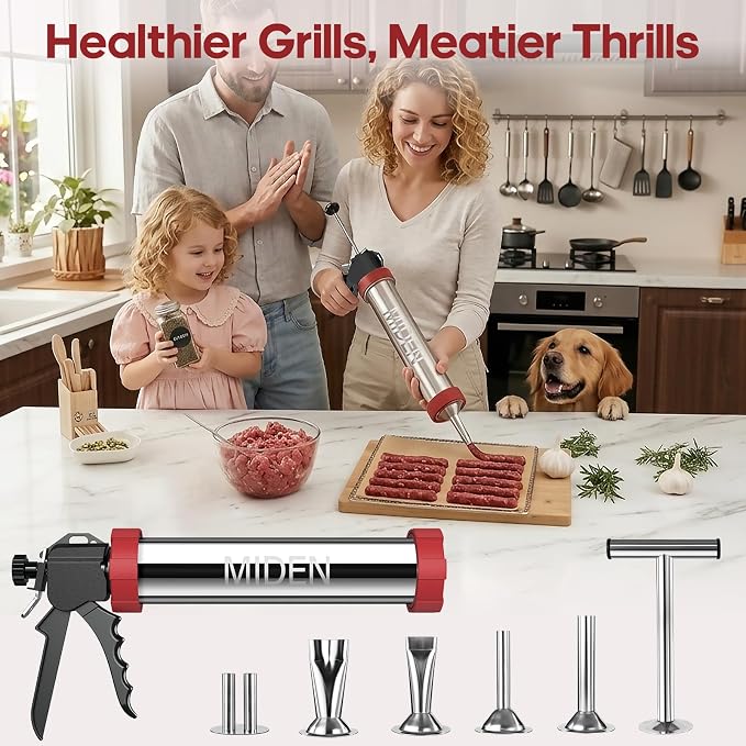 Miden 3rd Gen 2.7LB Premium Beef Jerky Gun Kits, Upgraded 316 Stainless Steel Jerky Maker,Jerky Shooter,Meat Gun,Sausage Stuffer, Beef Jerky Making Gun with 1 Meat Pusher, 5 Nozzles&5 Cleaning Brushes