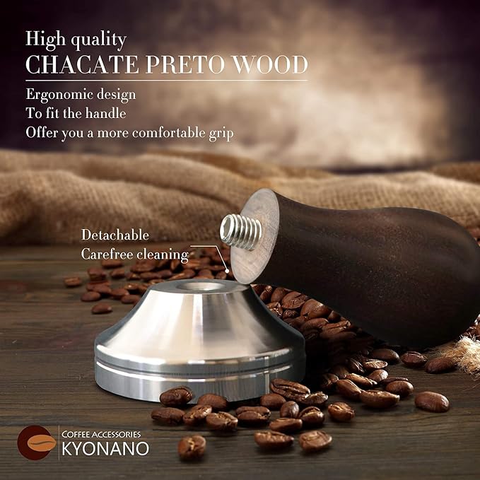 KYONANO Espresso Tamper 51mm - Tamper with Chacate Preto Wood Handle - Coffee Tamper plus Milk Frothing Pitcher 350ml & Silicone Tamper Mat - Tamper fits 51mm Delonghi Portafilter