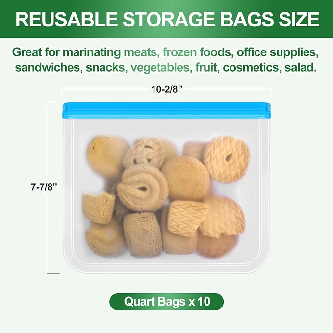 Reusable Freezer Bags, 10 Pack Reusable Quart Bags Seal and Leak Proof, BPA Free Storage Bag for Marinate Meat, Vegetables, Home Organization, Green