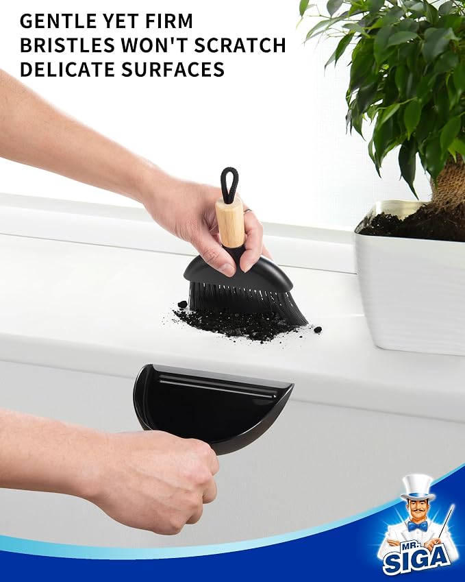 MR.SIGA Mini Dustpan and Brush Set, Bamboo Handle, Black, 1 Set | Portable cleaning brush and dustpan combo, handheld brush and dustpan combo with hanging loop