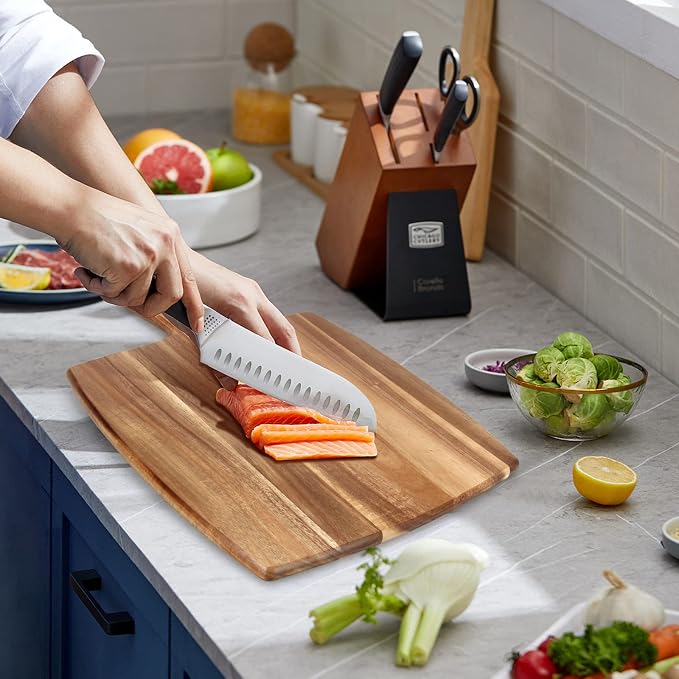 16.6"x13" Large Acacia Wood Cutting Board with Handle Big Wooden Charcuterie Boards Butcher Block Meat Cutting Boards for Kitchen Decor Bread Cheese Serving Platter Thick Teak Chopping Board Food Tray | Square Decorative Big Wooden Cutting Boards for D...