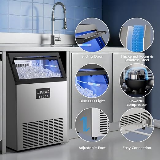 Commercial Ice Maker Machine - 150 Lbs/24H, Commercial Ice Machine with 50 LBS Storage Bin, Under Counter or Freestanding Ice Maker, 45 Ice Cubes in 5-15 min, Thicknesses Adjustable, Stainless Steel