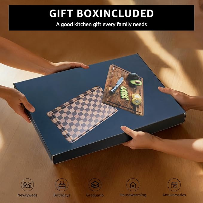 Walnut Wood Cutting Board for Kitchen, End Grain Chopping Board with Juice Groove, Heavy Duty Checkered Board for Cheese and Vegetables, Non-slip Feet, 17" × 12" × 1.5"
