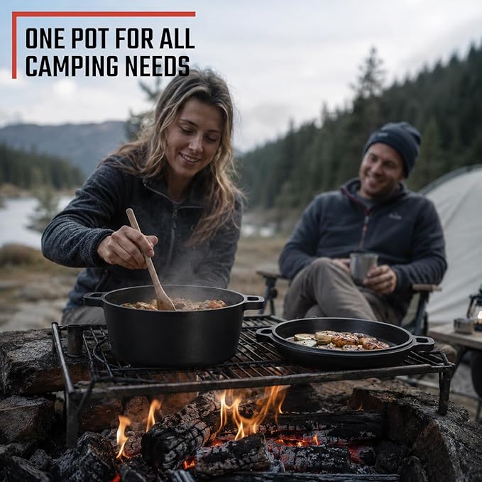 Overmont 7QT Double Dutch Oven - 2-in-1 Pre-Seasoned Cast Iron Pot & Recipe | Skillet Lid Doubles as Frying Pan, Heavy Duty Cast Iron Pot with Handle Covers, for Sourdough Baking Frying Outdoor Camping