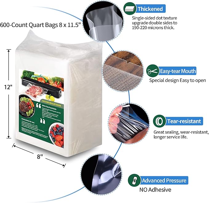 600 Vacuum Sealer Bags For Food 8x12 Inch, BPA Free Quart Freezer Sealed Bags, Compatible with All Heat Vacuum Sealers Machine, Heavy Duty, Great for vac storage, Meal Prep or Sous Vide