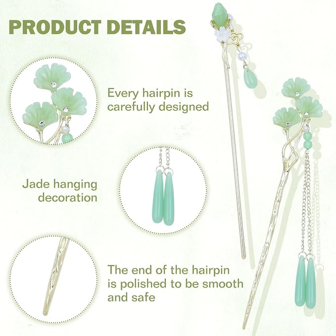 inSowni 8 Pieces Vintage Asian Chinese Traditional Hanfu Gold Metal Artificial Jade Bamboo Flower Butterfly Hair Pins with Pearl Bead Pendants Long Hair Sticks Forks Bun Updo Hairpins for Women Girls