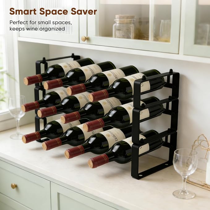 Wine Rack for Countertop – Stackable Freestanding Bottle Organizer for Kitchen, Pantry, Bar Cabinet & Small Spaces – Compact Metal Shelf & Modular Storage Stand (3-Tier)