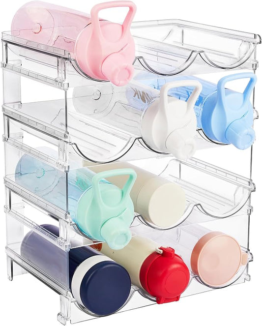 Water Bottle Organizer - 4 Tier Large Capacity stackable water Bottle Organizer for Cabinet, Free-Standing Water Bottle Storage Holder for Countertops, Pantry, Bars, Cabinets, Fridge, Hold 12 Bottles