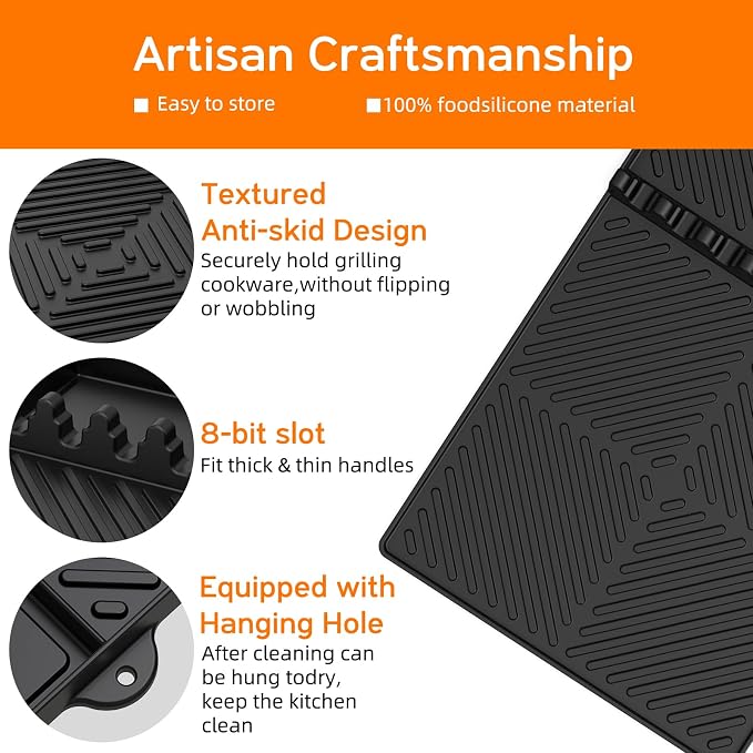Find law Silicone Tools Mat for Griddle & Kitchen Countertop | Black Side Shelf Spatula Mat with Drip Pad for Blackstone Weber Traeger Pit Boss Flat Top Grill Smoker, BBQ Gifts for Men