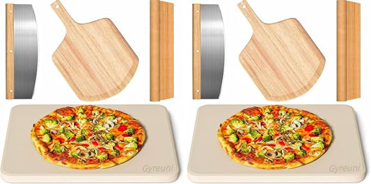 4 PCS Rectangle Pizza Stone Set, 15" Large Pizza Stone for Oven and Grill with Pizza Peel(OAK), Pizza Cutter & 10pcs Cooking Paper for Free, Baking Stone for Pizza, Bread,BBQ (Pack of 2)