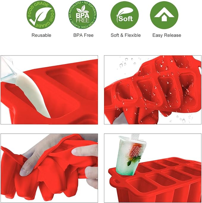 Easy Release Popsicles Molds, 10-Cavity Silicone Popsicle Molds with Sticks, Popsicle Maker Mold Set, BPA Free Homemade Ice Pop Mold for Kids, Toddlers, Adults