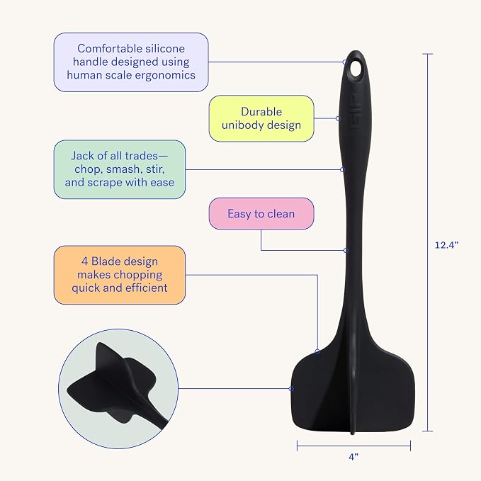 GIR: Get It Right Silicone Quad Meat Chopper Kitchen Essentials - 12-Inch Slate - Non-Stick Heat Resistant Handle - Versatile Meat Masher - Ground Beef Chopper Tool